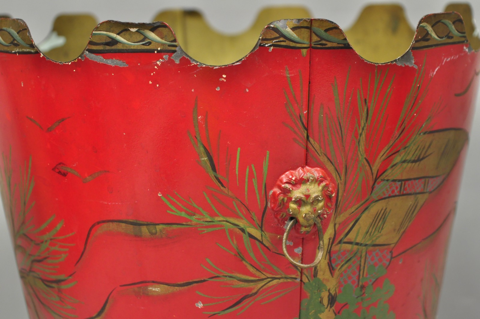 Italian Chinoiserie Hand Painted Oriental Red Tole Metal Wastebasket Trashcan