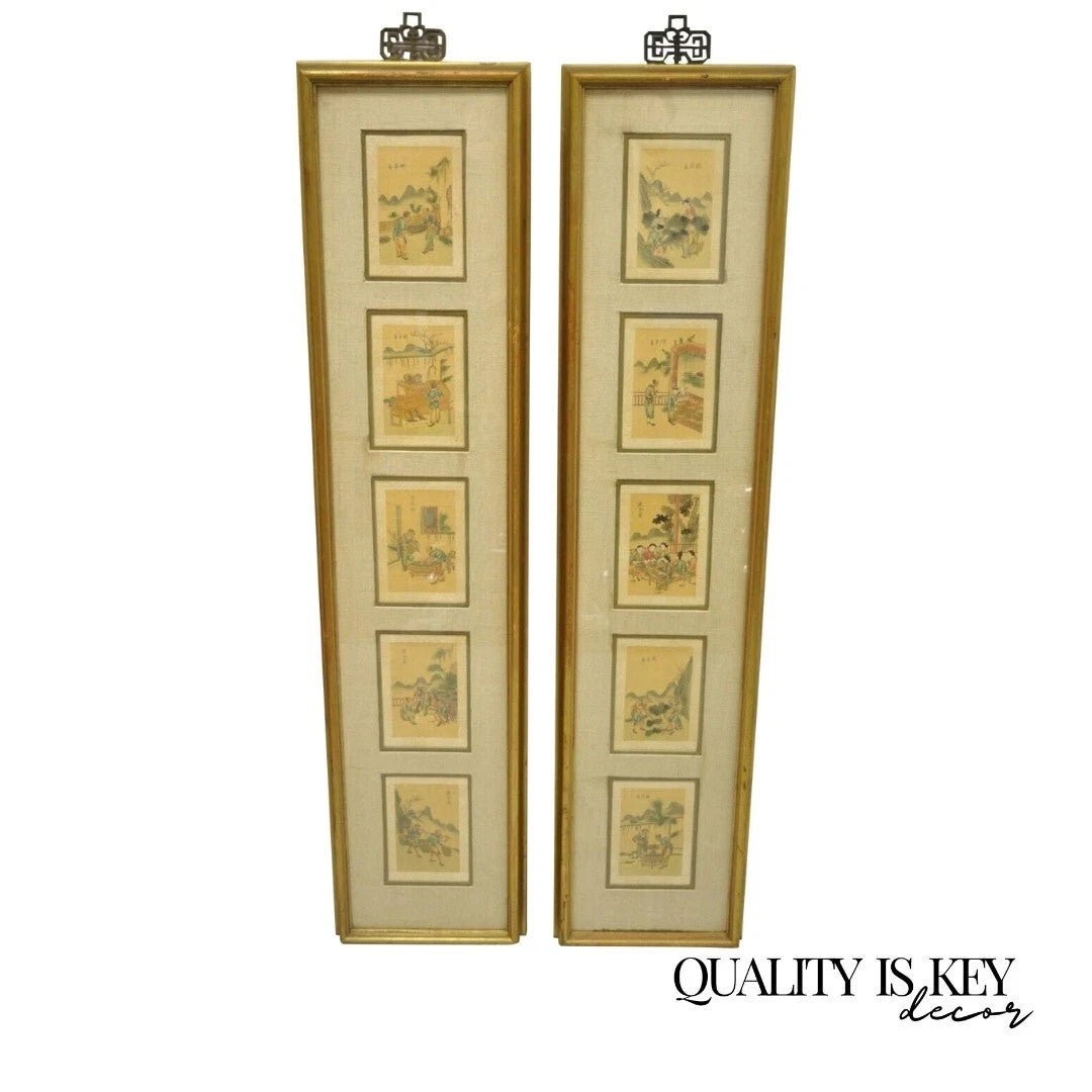 Vintage Asian Oriental Framed Art Prints with Narrow Gold Frames - a Pair