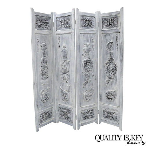 Boho Chic Oriental 4 Panel Screen White Distress Painted Wooden Room Divider