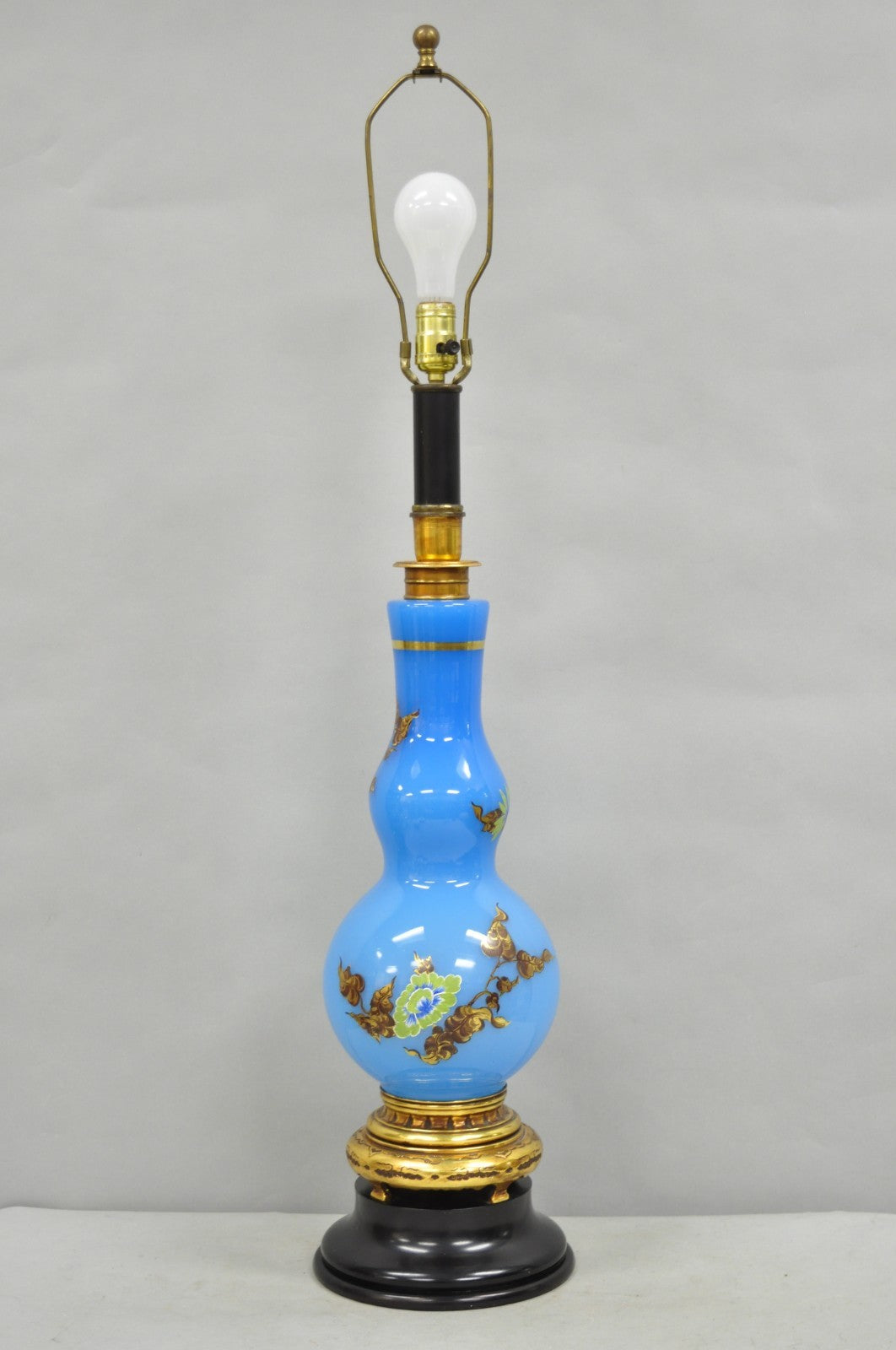 Vintage Chinoiserie James Mont Style Blue Glass Gold Gilt Tall Table Lamp