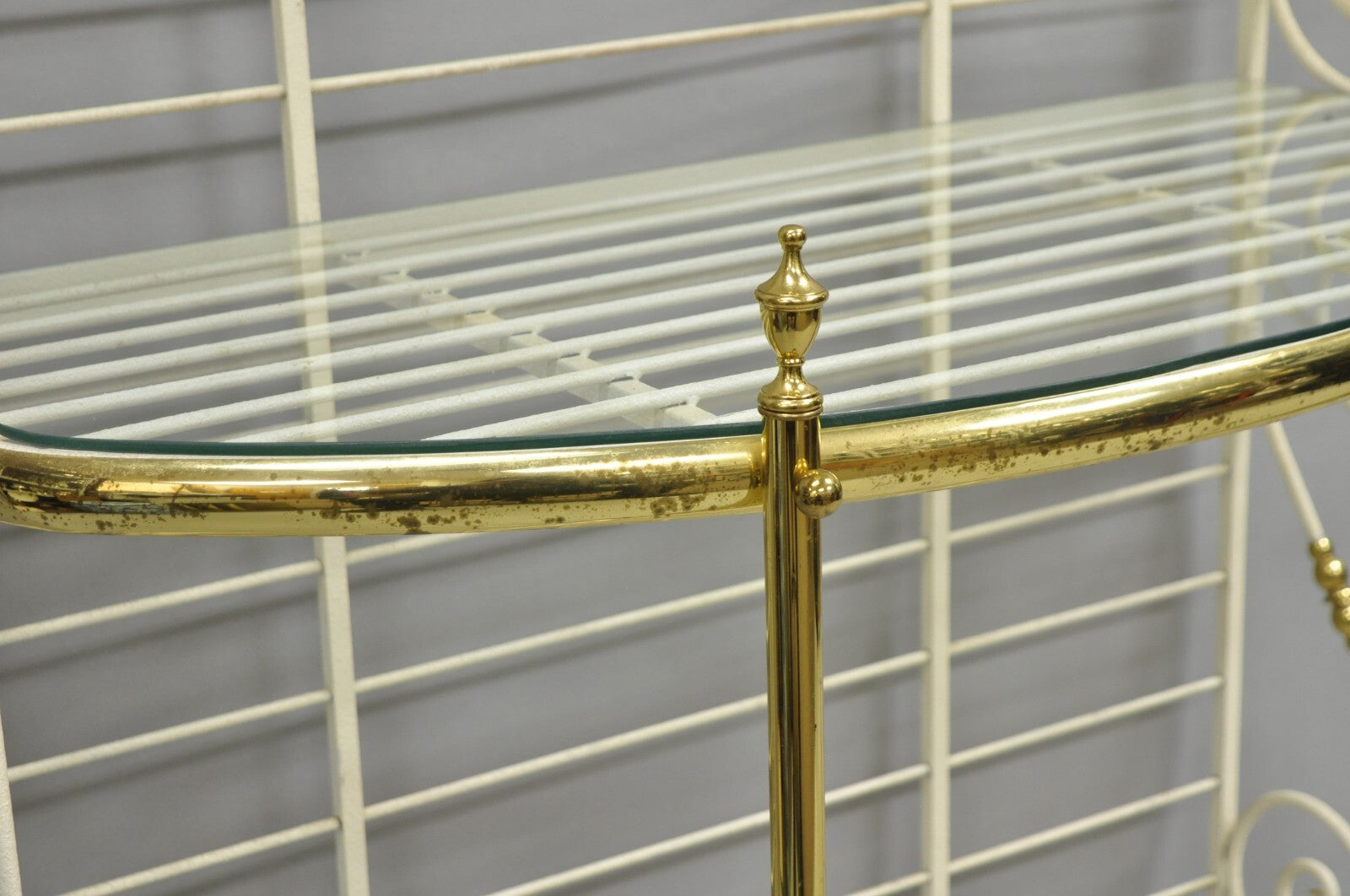 Vintage French Country White Wrought Iron & Brass 3 Tier Pastry Bakers Rack