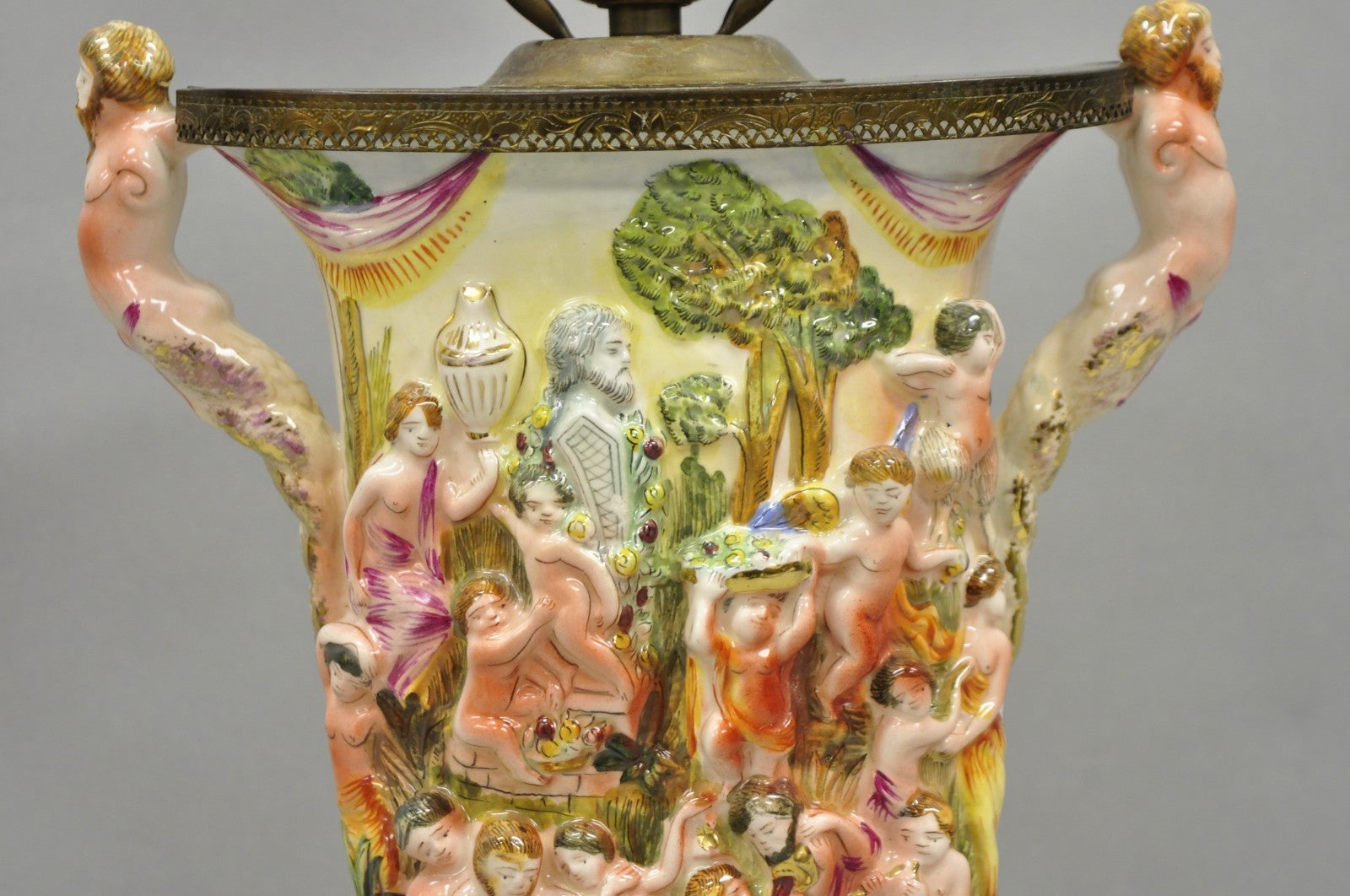 Vintage Italian Capodimonte Porcelain Figural Bacchanal Cherub Mermen Table Lamp