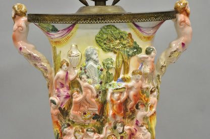 Vintage Italian Capodimonte Porcelain Figural Bacchanal Cherub Mermen Table Lamp
