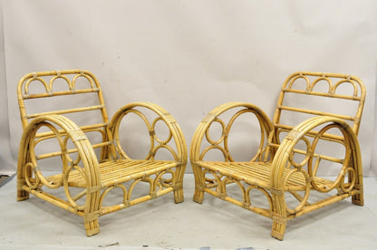 Vintage Hollywood Regency Bent Bamboo Wicker Rattan Pretzel Lounge Chairs - Pair
