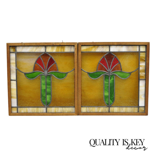 Antique Art Nouveau Leaded Stained Glass Red Green Flower Small Windows - a Pair