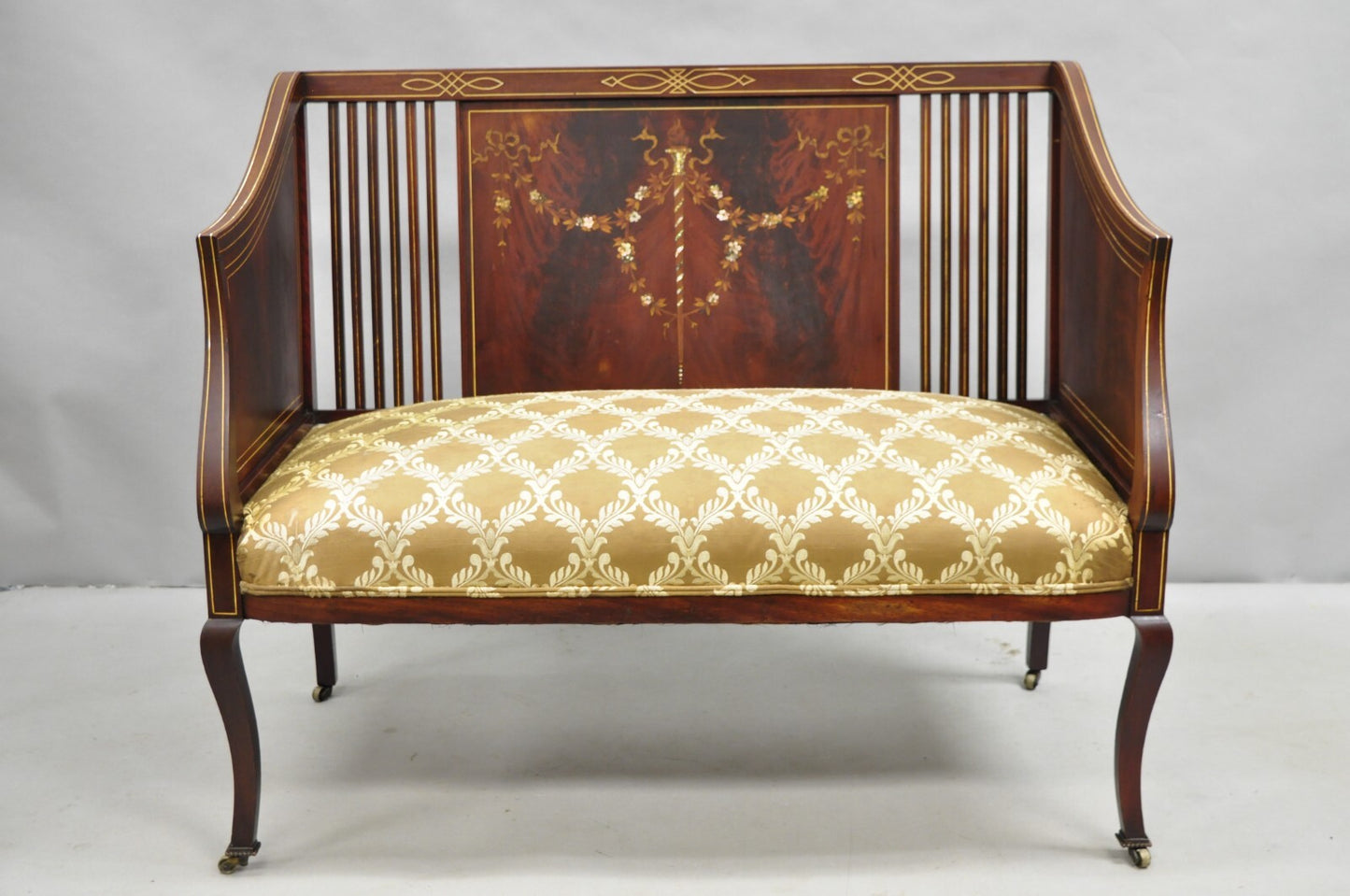 Antique Victorian Edwardian Mahogany Settee Loveseat w/ Mother of Pearl Inlay