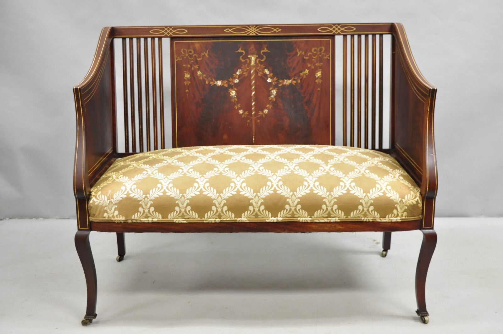 Antique Victorian Edwardian Mahogany Settee Loveseat w/ Mother of Pearl Inlay