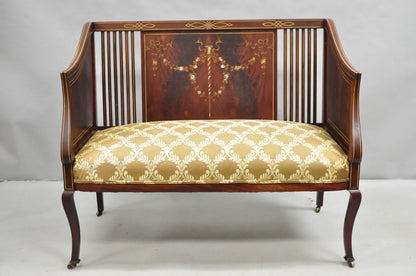 Antique Victorian Edwardian Mahogany Settee Loveseat w/ Mother of Pearl Inlay
