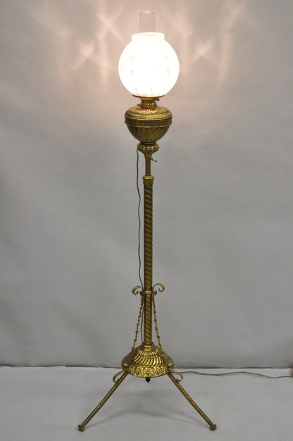 Antique Victorian Adjustable Height Brass Converted Oil Lamp Piano Floor Lamp