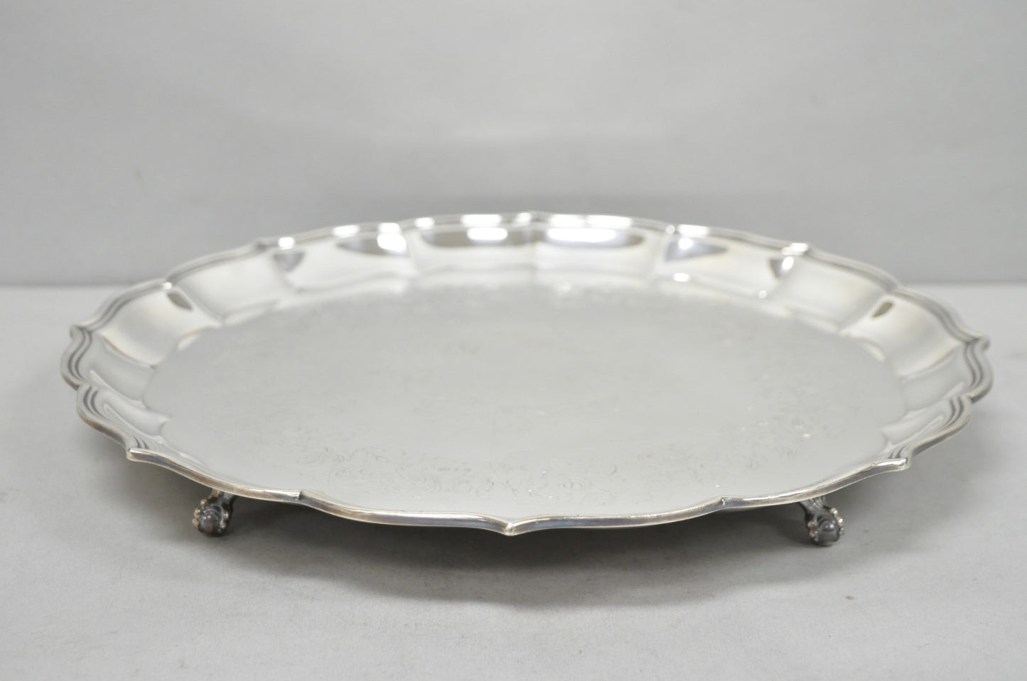 Vintage International Silver Co Large Round Silver Plated Footed Serving Tray