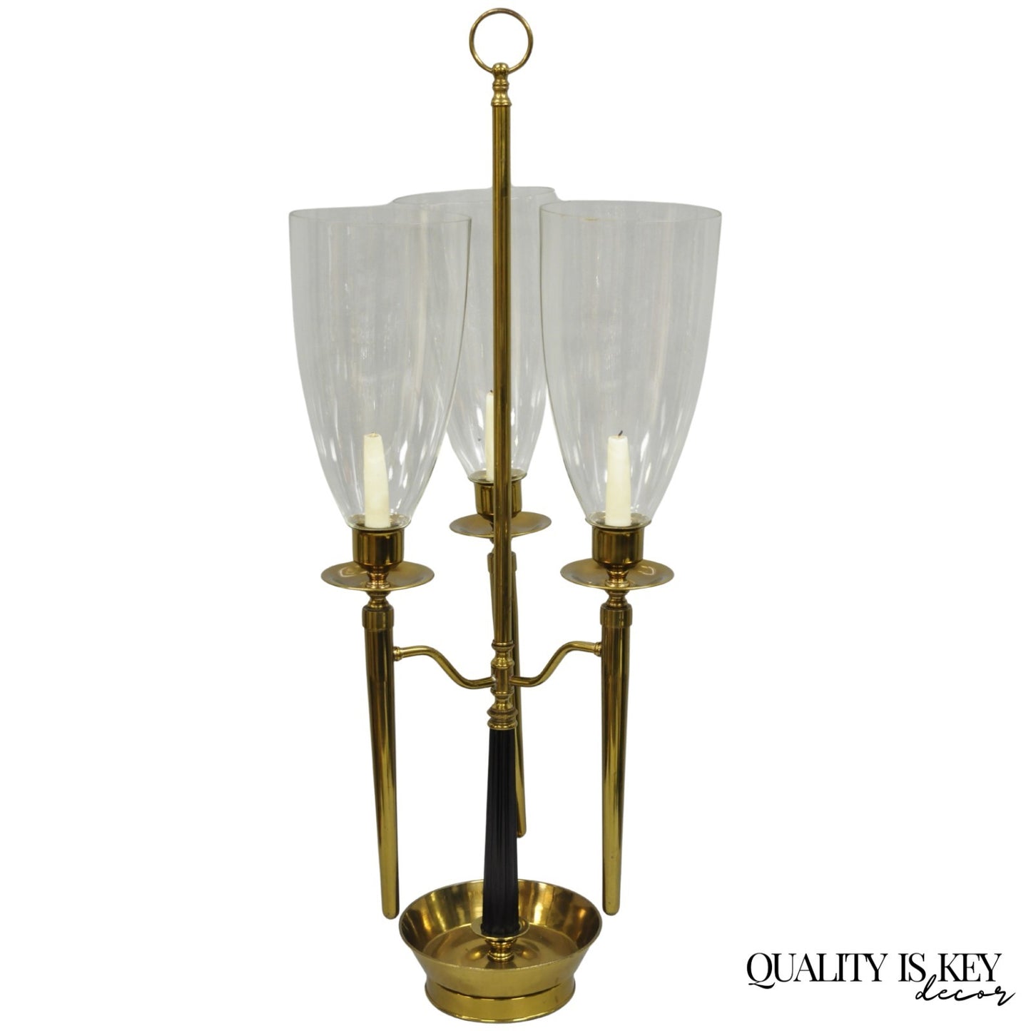 Tommi Parzinger Style Mid Century Modern Tall Brass Hurricane Shade Candelabra