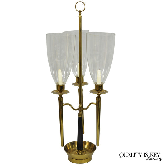Tommi Parzinger Style Mid Century Modern Tall Brass Hurricane Shade Candelabra