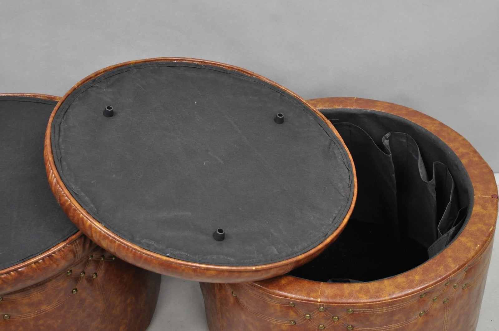 Contemporary Modern Moroccan Style Brown Faux Leather Round Storage Ottoman Pair