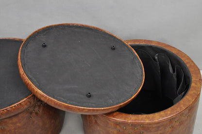 Contemporary Modern Moroccan Style Brown Faux Leather Round Storage Ottoman Pair