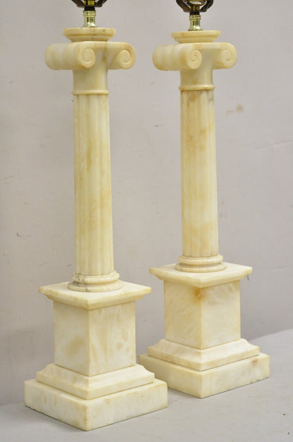 Antique Italian Neoclassical Marble Alabaster Corinthian Column Table Lamp Pair