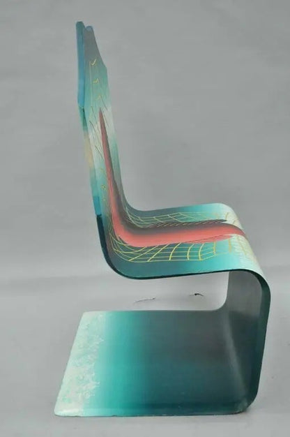 Alan Siegel 1985 Vintage Bent Wood Hand Painted Fish & Net Chair Artist Signed