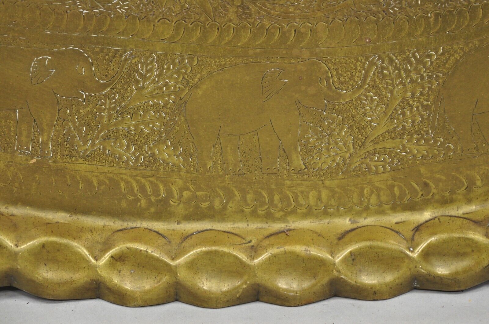 Vintage Moroccan Middle Eastern Large Brass Oval Elephant Engraved 46" Tray Top