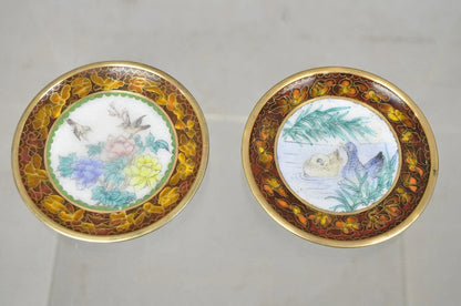 Vintage Chinese Brass Enamel Cloisonne Small Trinket Dish Set Brown - Set of 2