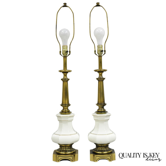 Vintage Stiffel Empire Style Burnished Brass & Porcelain Table Lamps (B) - Pair