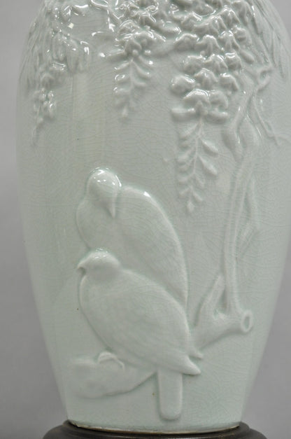 Chinoiserie Chinese Green Celadon Porcelain "Love Birds" Jardiniere Table Lamp