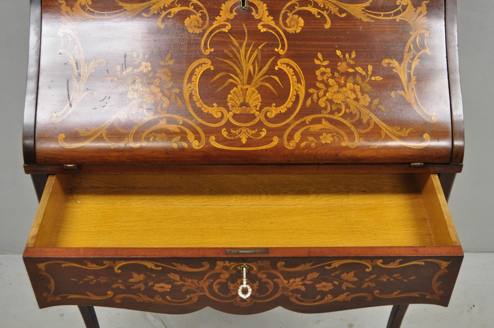 Antique French Louis XV Style Marquetry Inlaid Drop Front Ladies Writing Desk