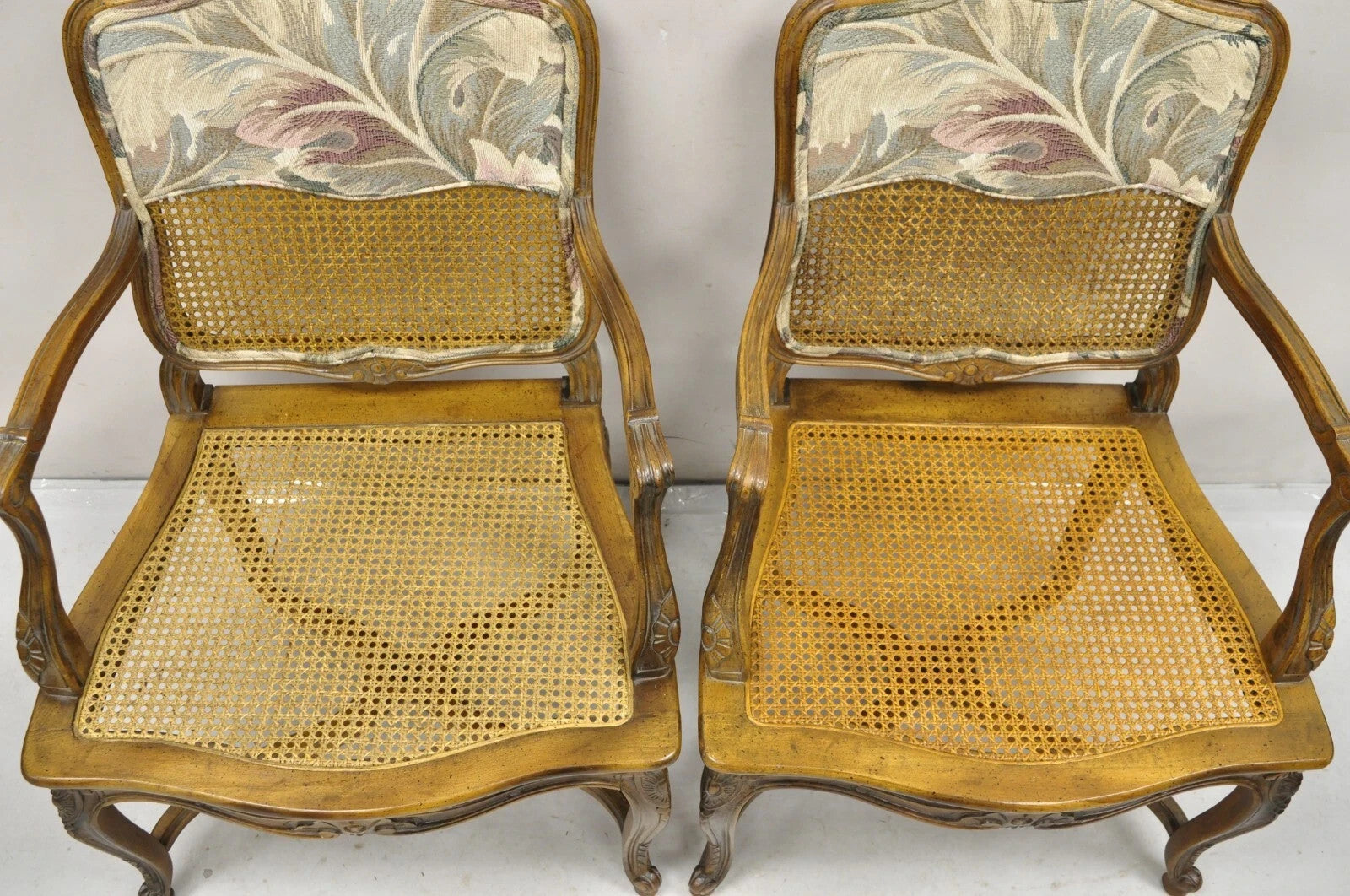 Vintage French Country Louis XV Style Upholstered Cane Lounge Arm Chairs - Pair