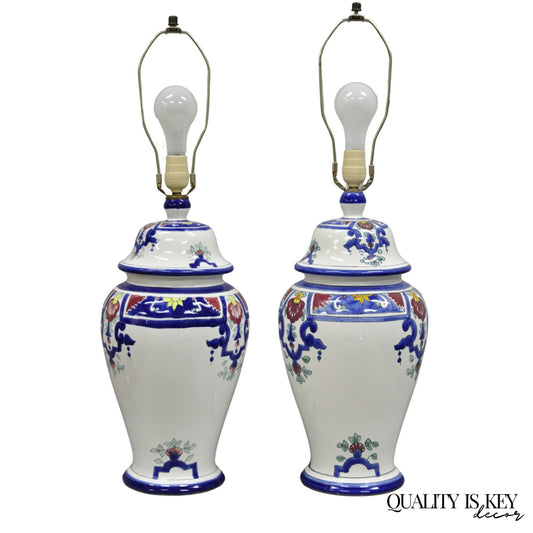 Vintage Chinoiserie White Blue Porcelain Ceramic Jardiniere Table Lamp - a Pair