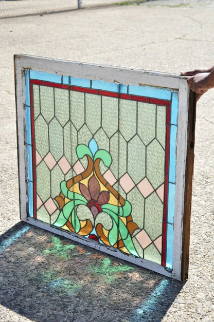 Antique Art Nouveau Stained Glass Blue Green Orange Fleur De Lis 34x40 Window