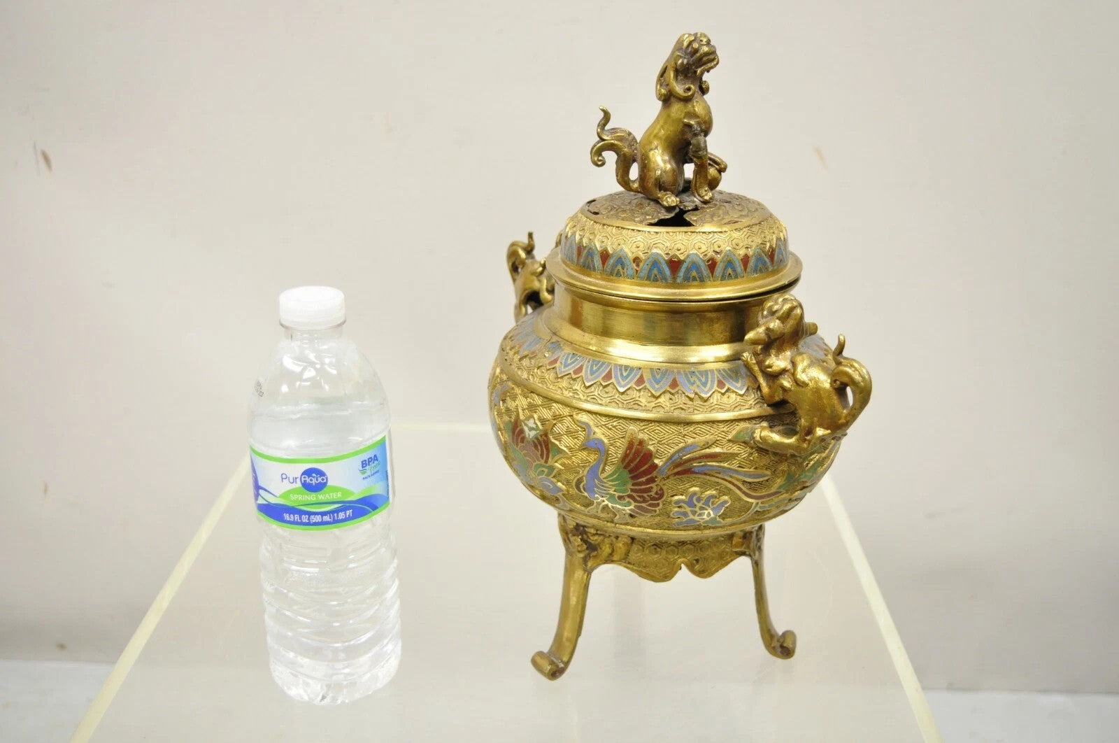 Vintage Japanese Cloisonne Enamel Champleve Bronze Foo Dog Incense Burner