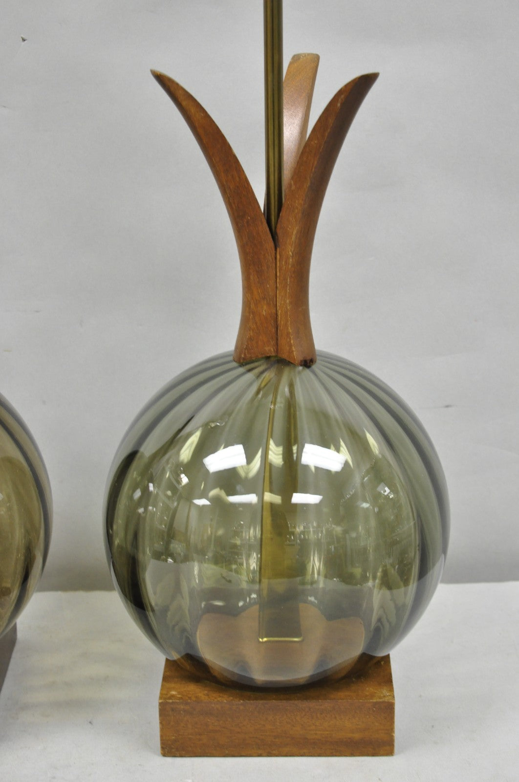 Vintage Mid Century Modern Ribbed Smoked Glass Orb Pineapple Table Lamps - Pair