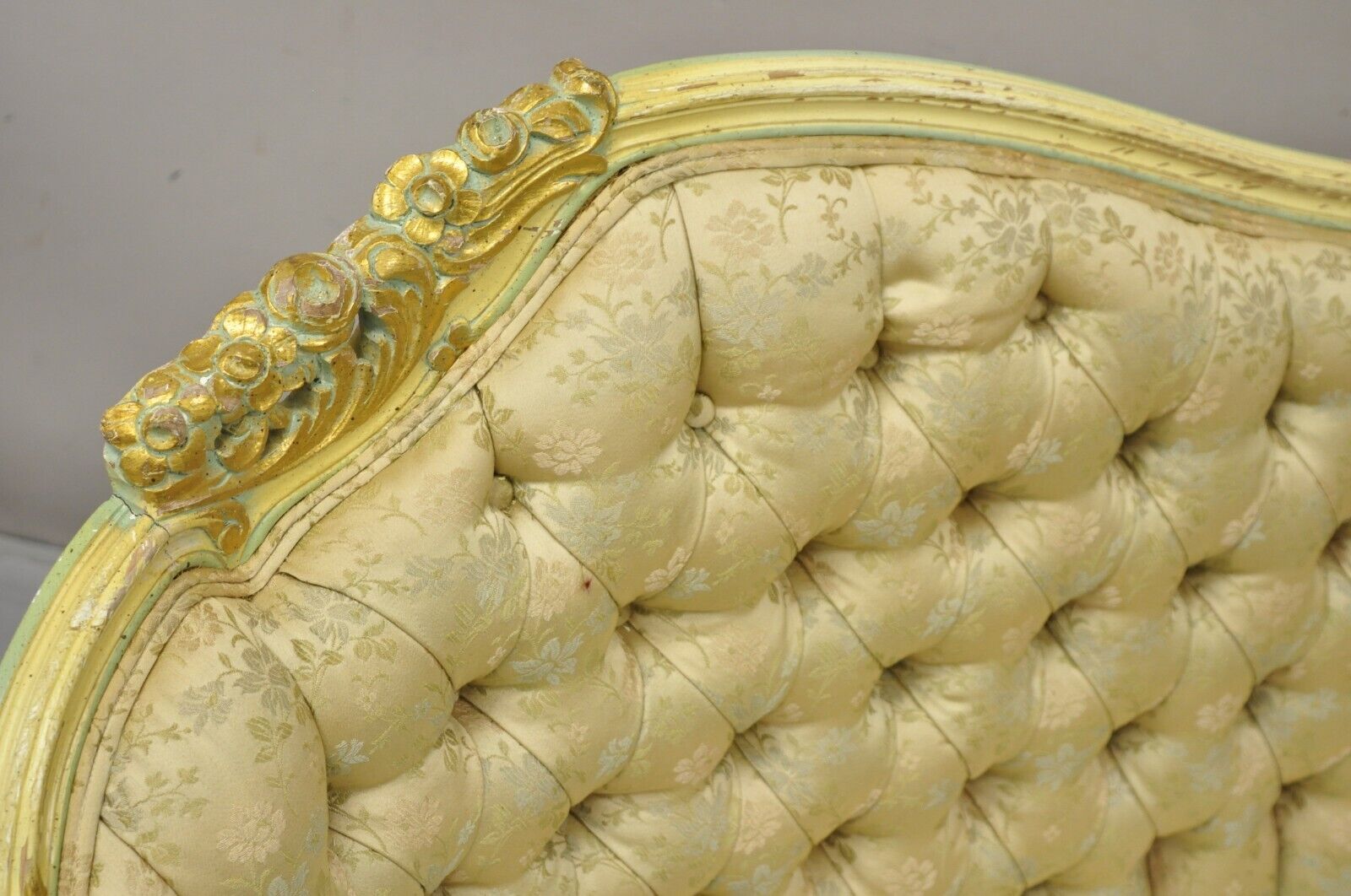 Vintage French Louis XV Rococo Style Yellow & Green Settee Loveseat Sofa