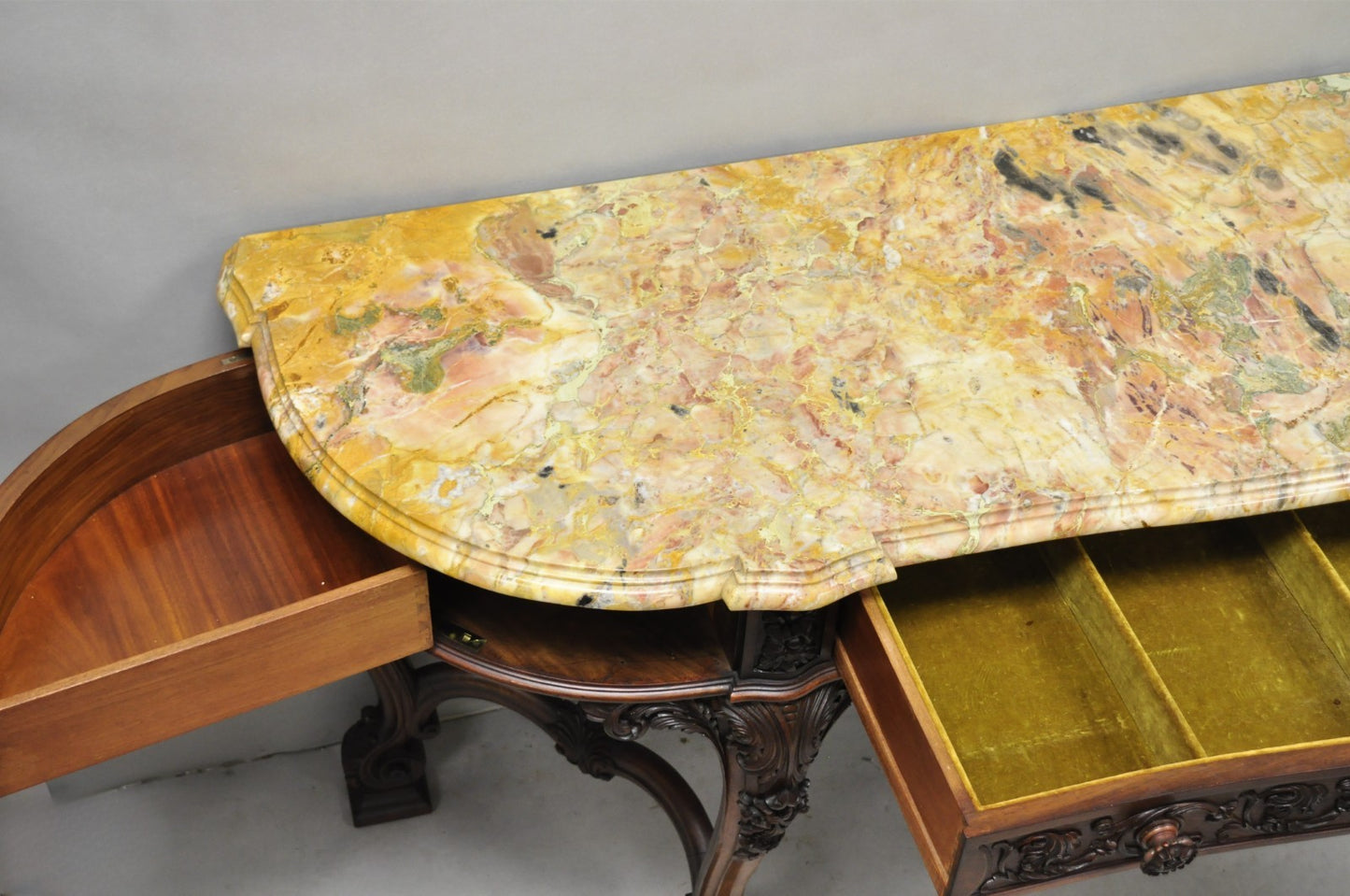 Antique French Baroque Rococo Carved Walnut Marble Top Sideboard Buffet w Drawer
