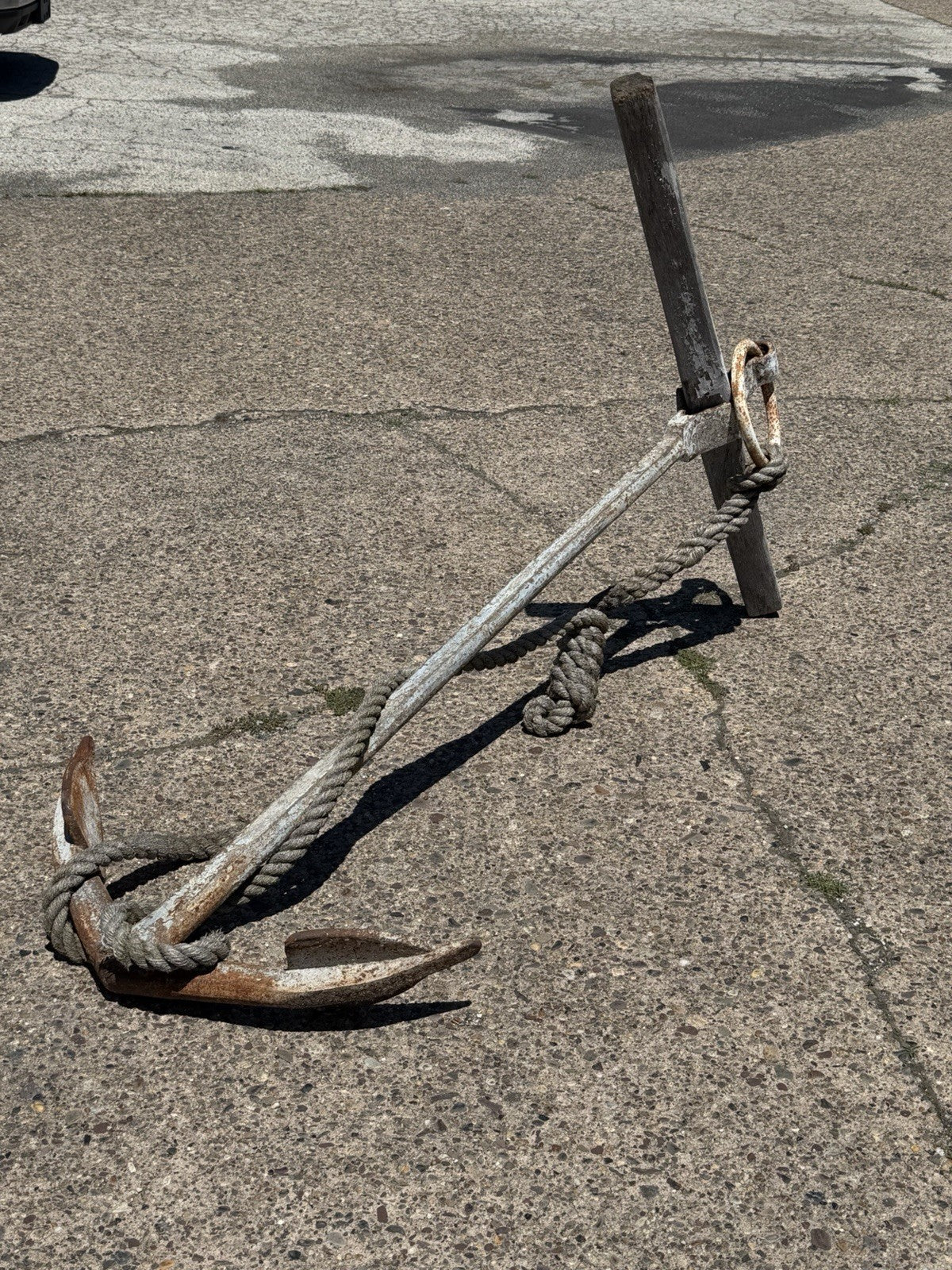 Antique English Victorian Maritime Cast Iron Large Boat Ship's Anchor and Rope