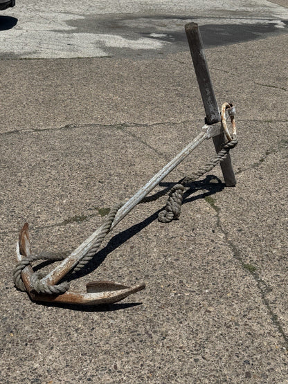 Antique English Victorian Maritime Cast Iron Large Boat Ship's Anchor and Rope