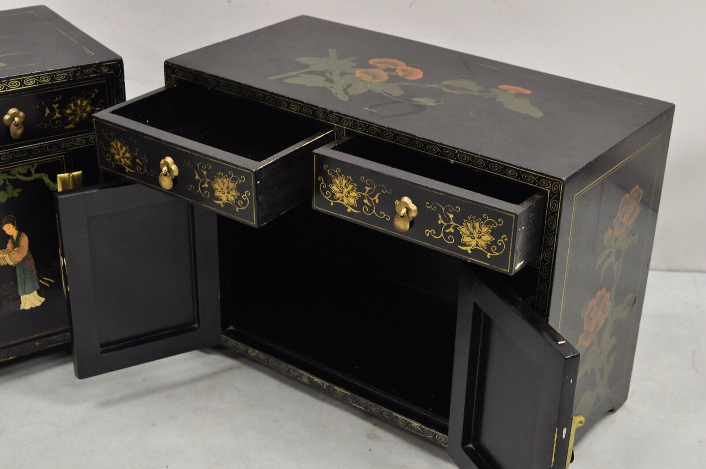 Vintage Chinese Oriental Small Asian Black Lacquer Painted Cabinets -  a Pair