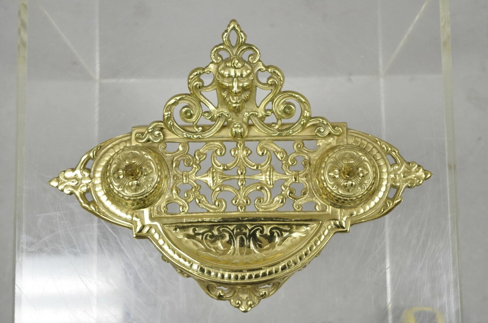 Vintage Renaissance Victorian Style Brass Lion Head Double Pen Desk Inkwell