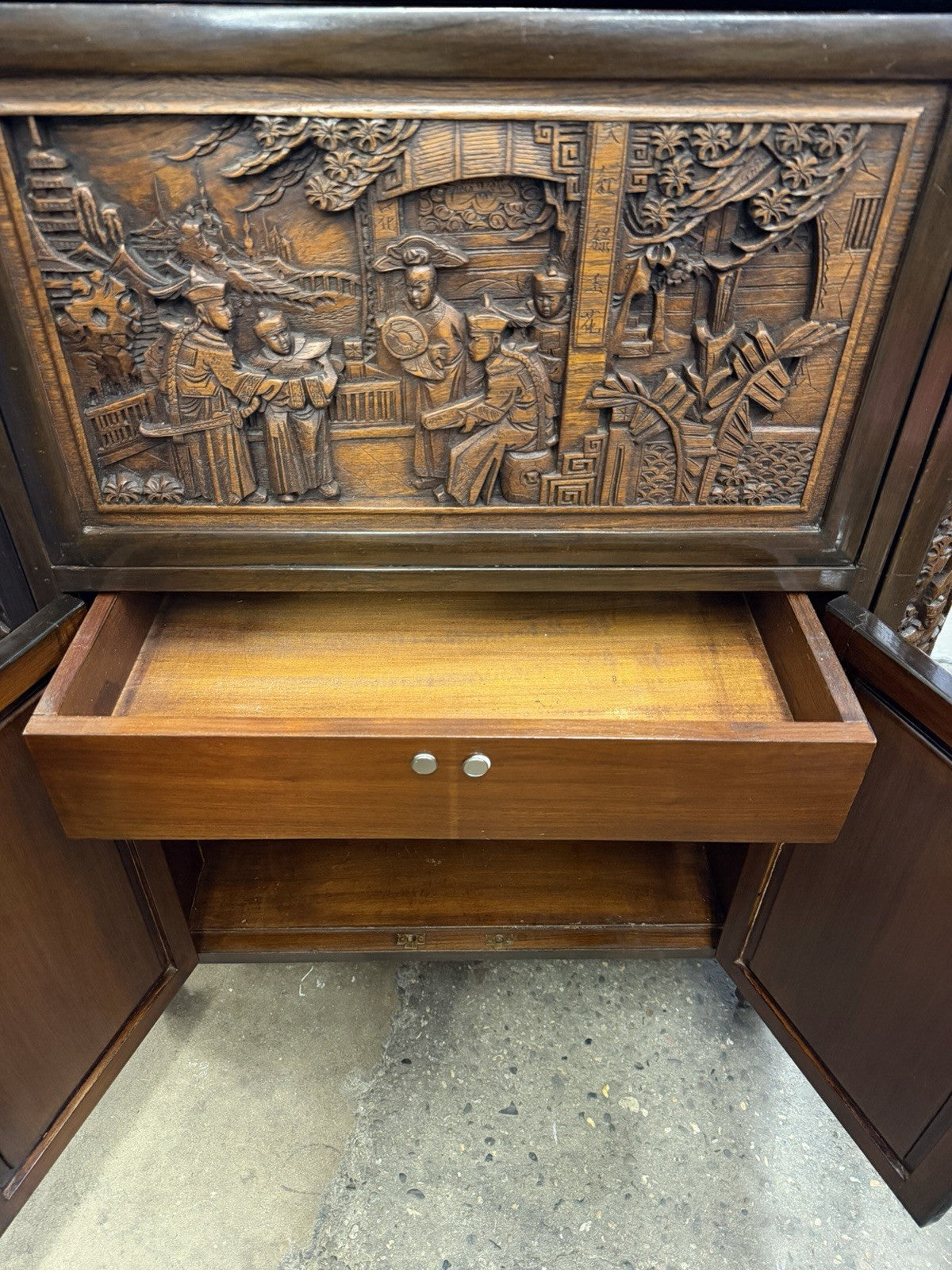 Vintage J L George Zee Chinese Figural Carved Teak Wood Flip Top Dry Bar Cabinet