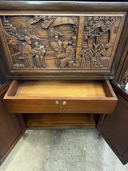 Vintage J L George Zee Chinese Figural Carved Teak Wood Flip Top Dry Bar Cabinet