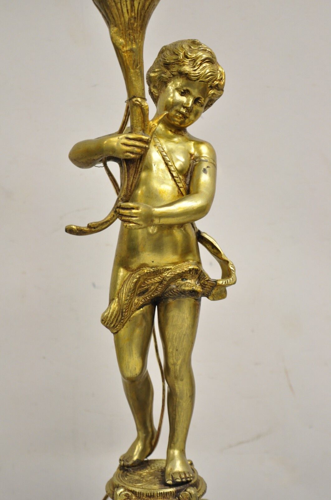 Vintage French Renaissance Brass Rococo Gold Figural Cherub Putti Table Lamp