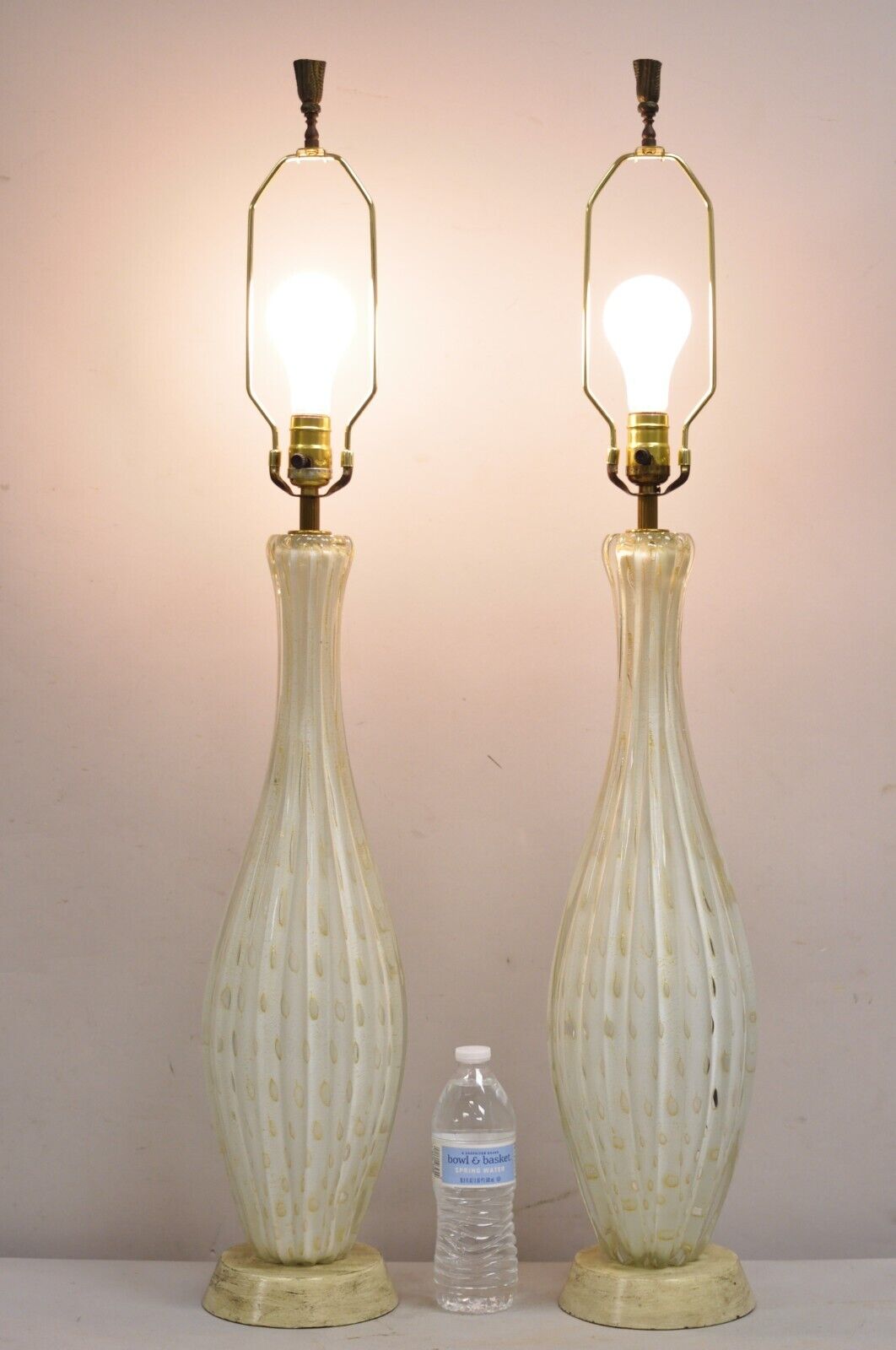 Vintage Murano Italy Camer Glass Gold Flecks White Sinuous Table Lamps - a Pair