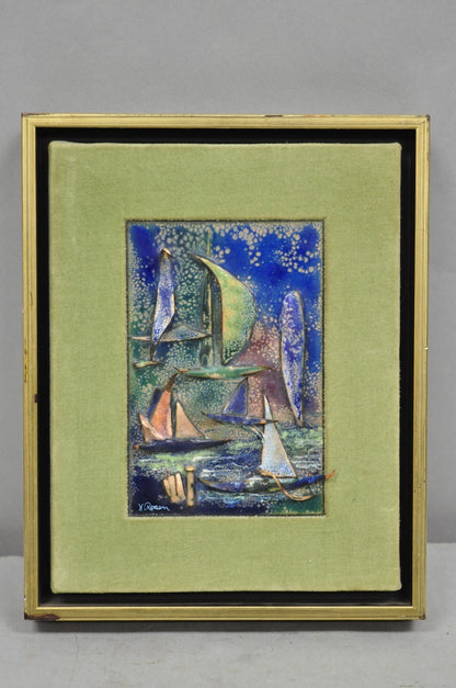 Vintage Mid Centuy Modern Enameled Copper Clipper Ship Art Painting by M. Rosen