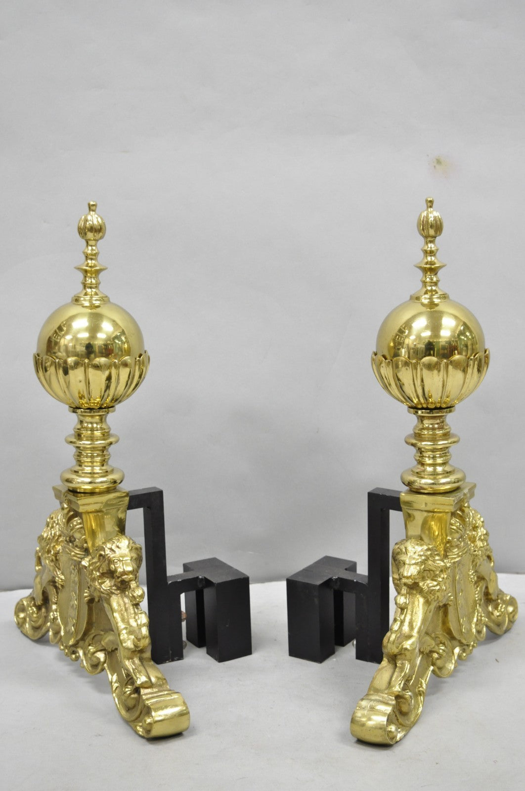 French Empire Renaissance Brass Lion Coat of Arms Cannonball Andirons - a Pair