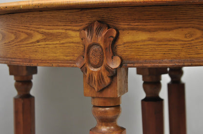 Antique English Victorian Oak & Elm Wood Round Extension Dining Table w 3 Leaves