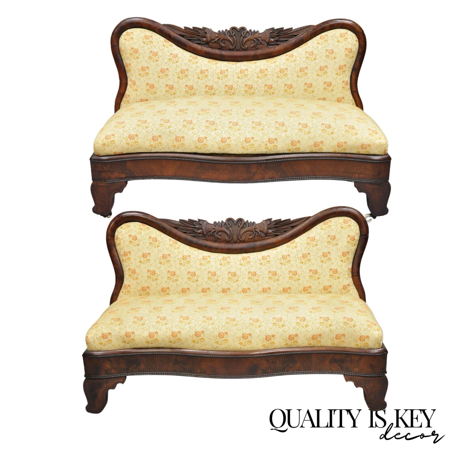 Antique American Empire Cornucopia Carved Mahogany Slipper Bench - a Pair