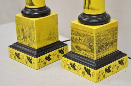 Antique Italian Regency Yellow Painted French Tole Metal Column Table Lamp Pair