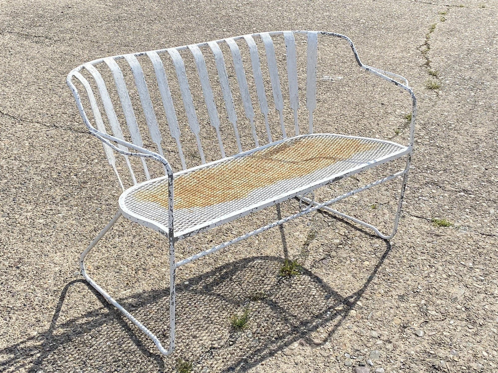Vintage Mid Century Modern Wrought Iron Sculptural Garden Patio Loveseat Sofa