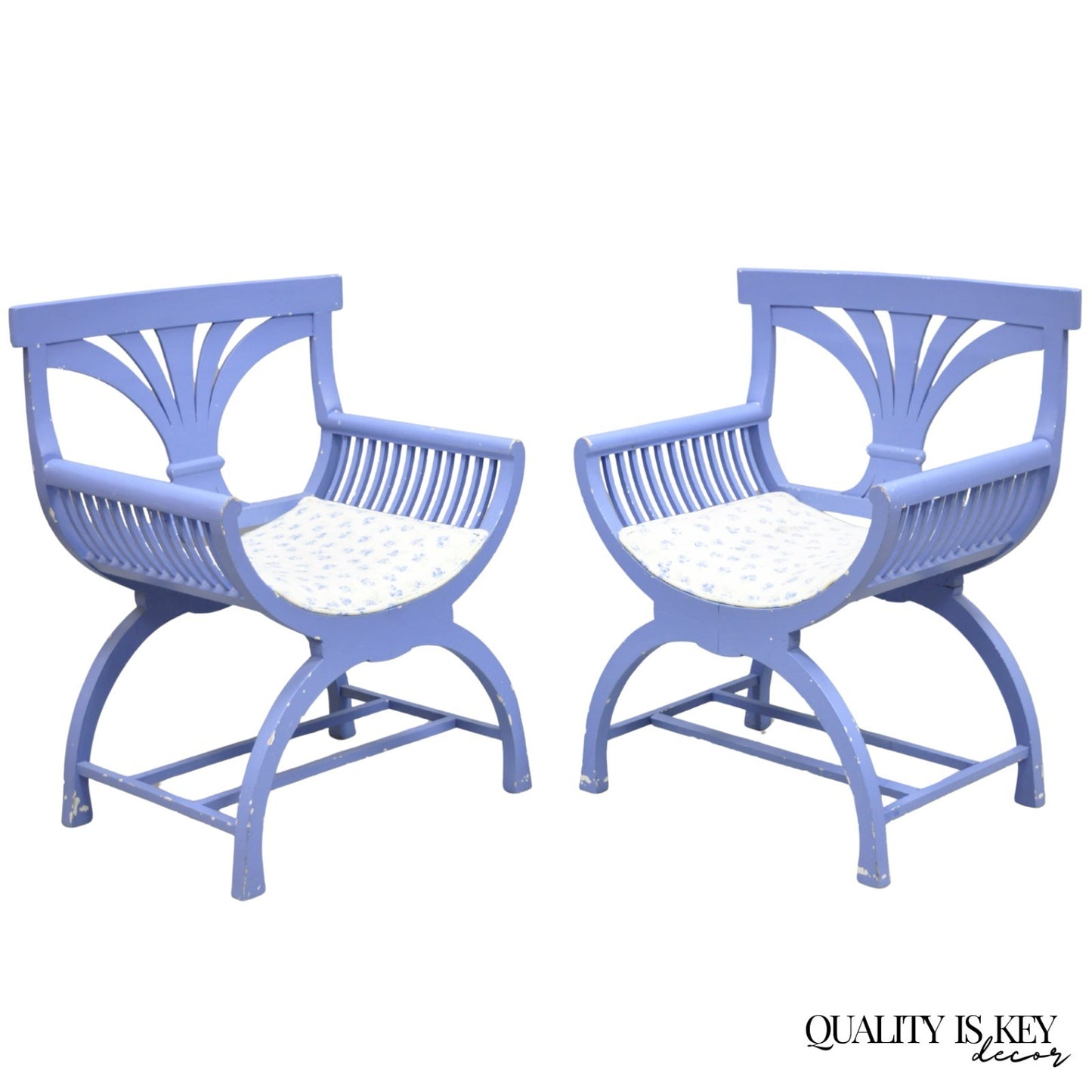 Vintage Hollywood Regency Italian Style Blue Curule X-Frame Arm Chair - a Pair