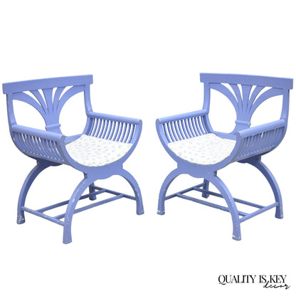Vintage Hollywood Regency Italian Style Blue Curule X-Frame Arm Chair - a Pair