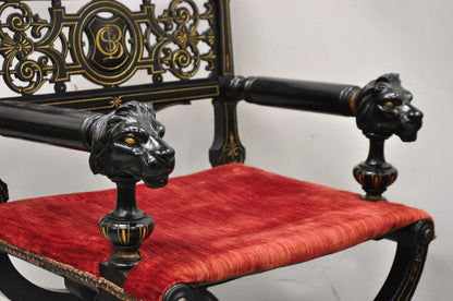 Antique Victorian Aesthetic Movement Ebonized Curule Throne Arm Chair with Lions