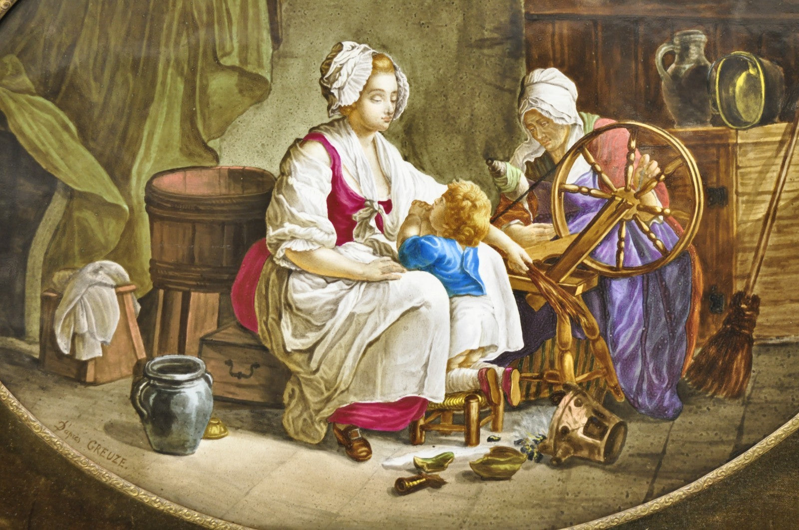 Antique French Painted Porcelain Framed Wall Plaque Signed Jean-Baptiste Greuze